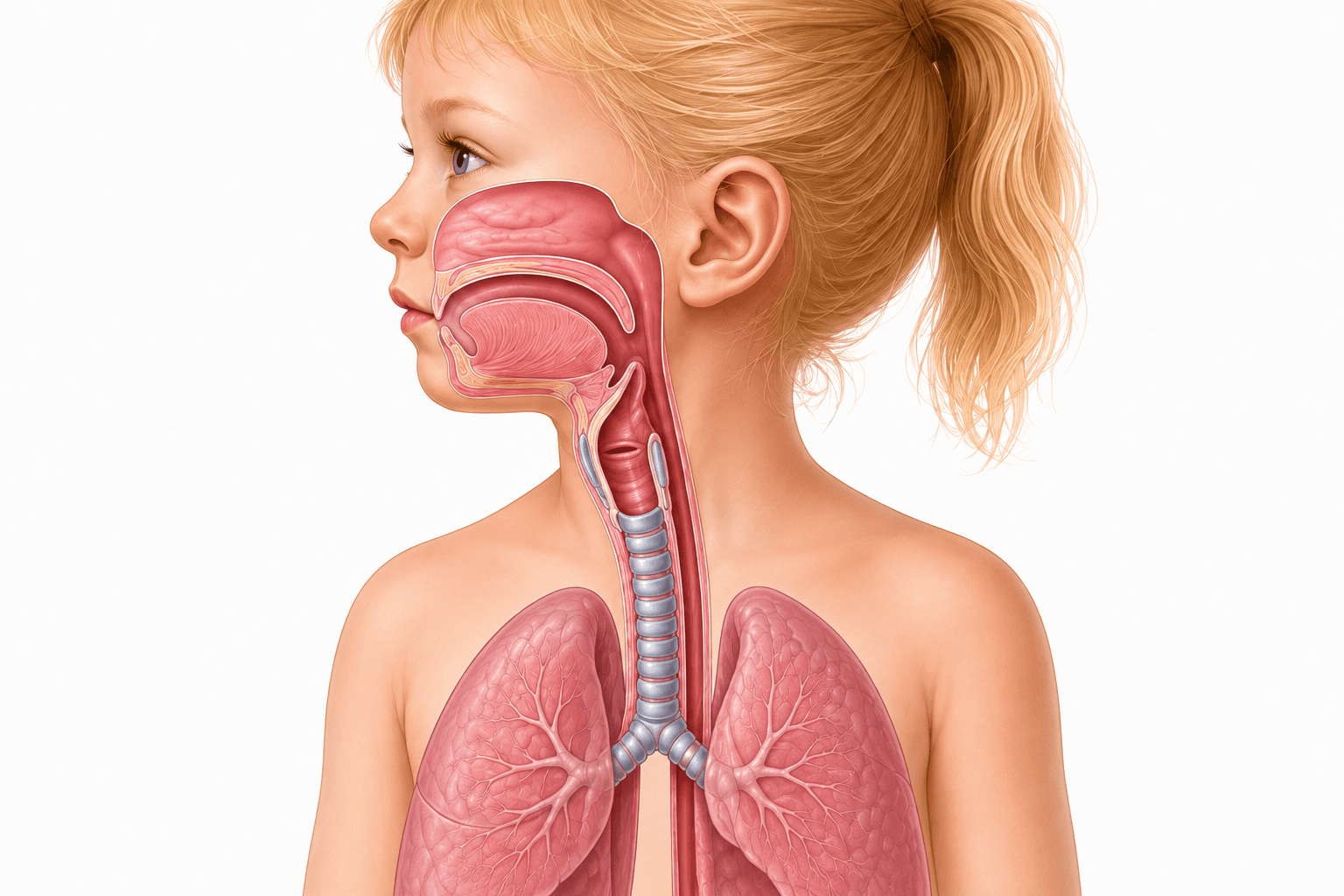 Sagittal pediatric upper-airway anatomy showing the larynx, subglottic airway, and trachea.
