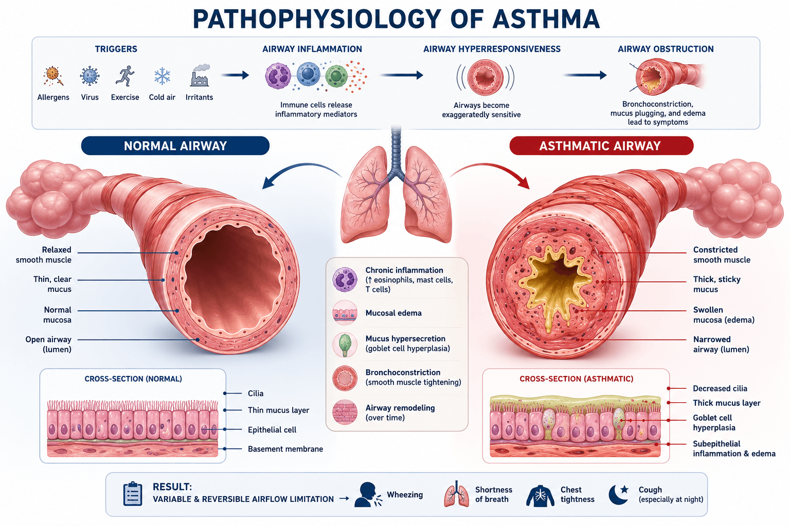 Asthma anatomy localization and comparison of a normal airway with an asthmatic airway showing bronchoconstriction, inflammation, mucus production, and airway remodeling
