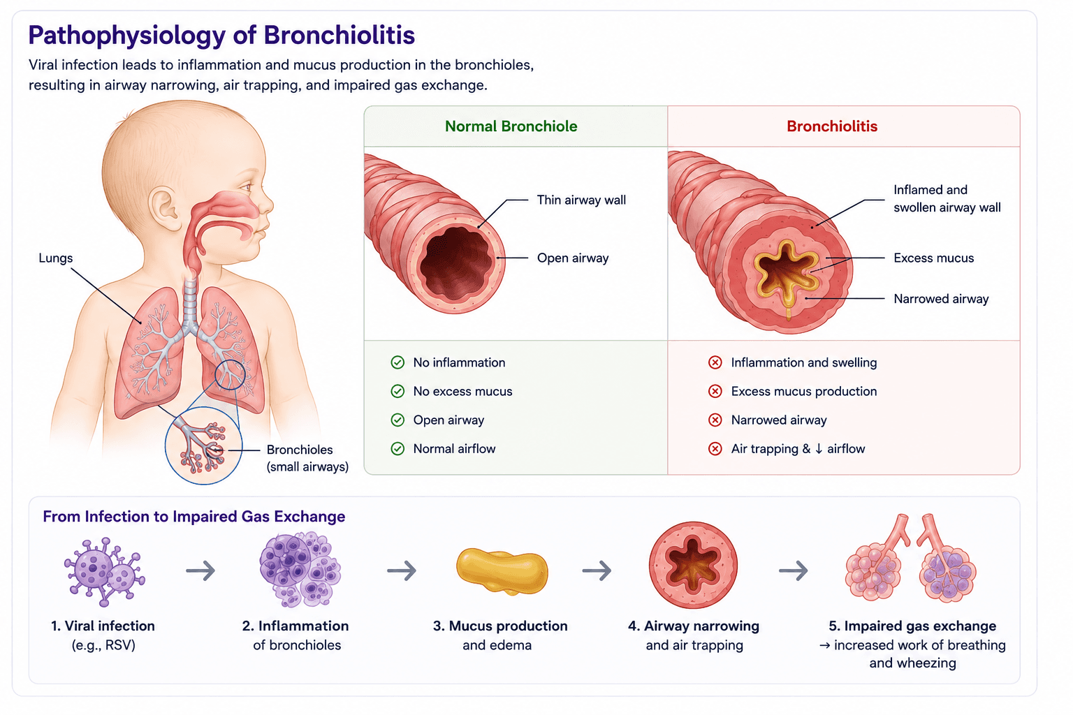 Comparison of a normal bronchiole with bronchiolitis showing airway-wall inflammation, mucus production, airway narrowing, and impaired airflow
