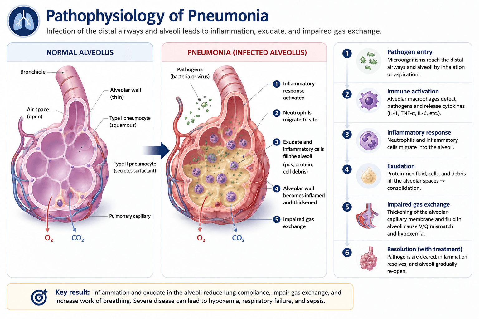 Pneumonia pathophysiology demonstrating progression from normal alveoli to alveolar inflammation, exudate formation, consolidation, and impaired gas exchange.