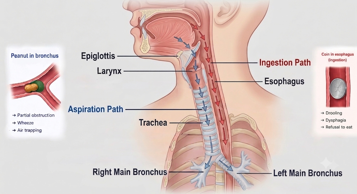 Comparison of airway aspiration versus esophageal ingestion showing the aspiration pathway into the tracheobronchial tree and the ingestion pathway into the esophagus.