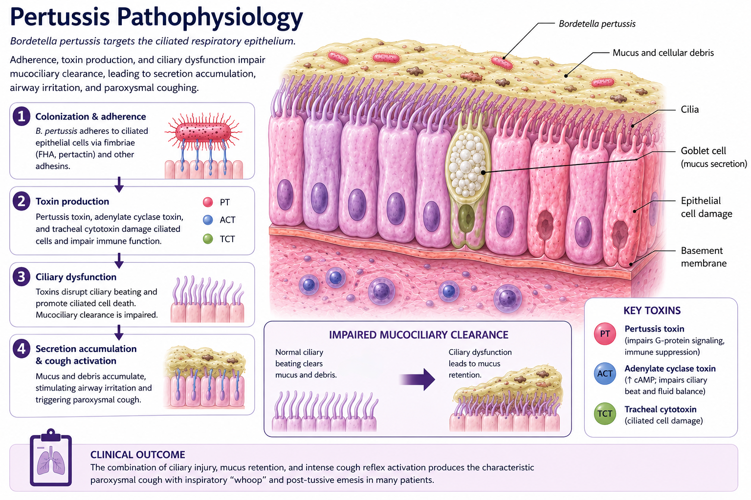 Pertussis pathophysiology showing Bordetella pertussis adherence to ciliated respiratory epithelium, toxin-mediated ciliary injury, impaired mucociliary clearance, mucus retention, and paroxysmal coughing