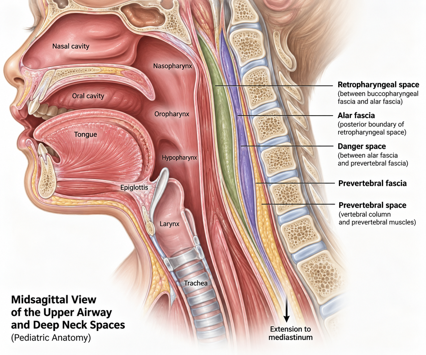 Midsagittal view of the pediatric upper airway and deep neck spaces showing the retropharyngeal space, alar fascia, danger space, prevertebral fascia, and relationship to the mediastinum